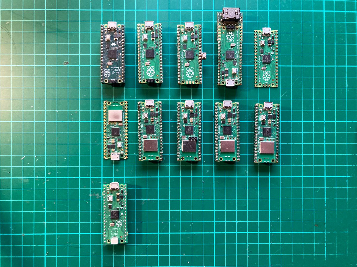 aallan's tweet photo. What is the collective noun for @Raspberry_Pi Pico boards? Extra bonus points for folks spotting the special ones? #Pico #PicoW #PicoH https://t.co/xjX1X6yfTp