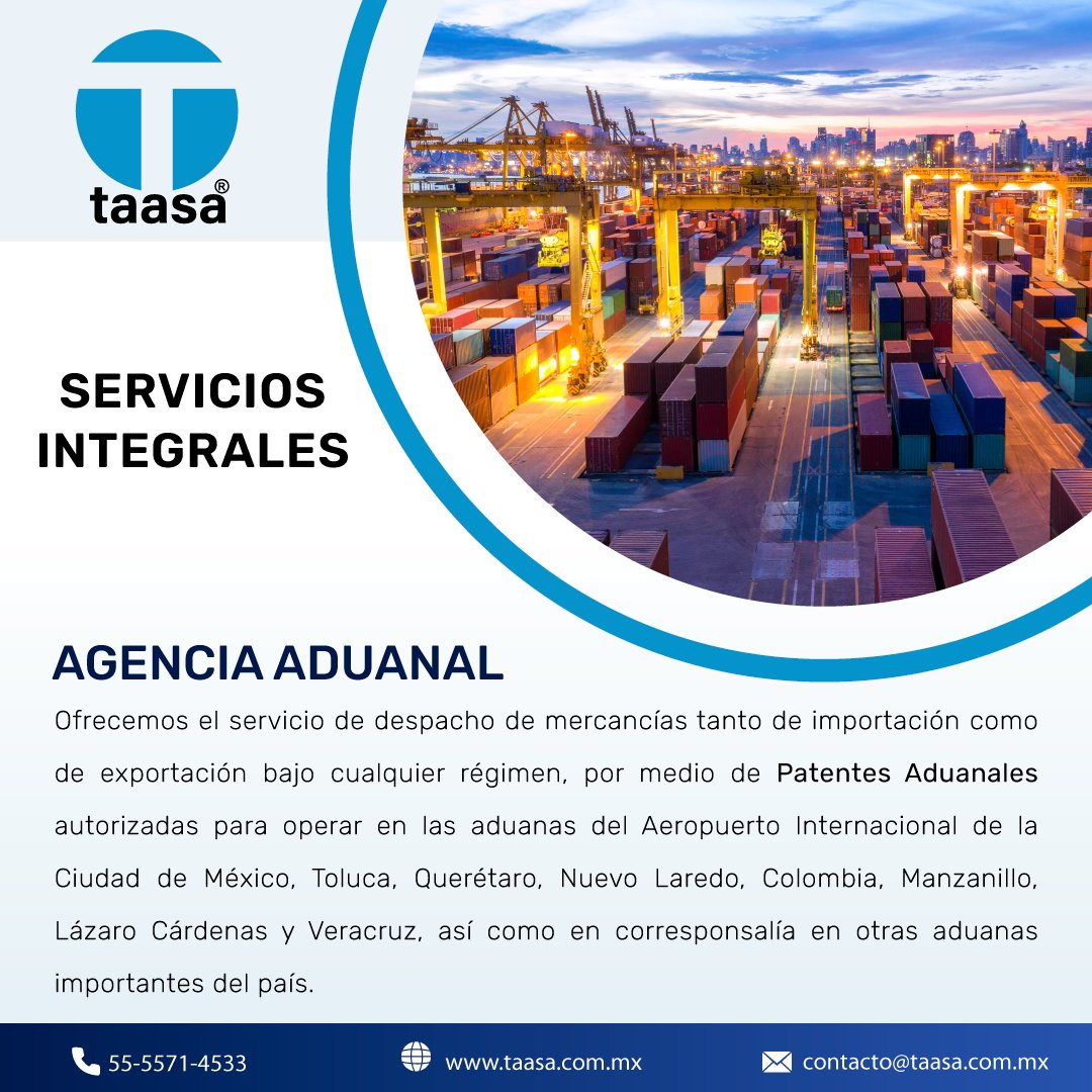 TaasaLogistics's tweet photo. #TAASA
🇲🇽 Somos Agencia Aduanal.
Contamos con Patentes Aduanales autorizadas para operar en las aduanas del AICM, Toluca, Querétaro, Nuevo Laredo, Colombia, Manzanillo, Lázaro Cárdenas y Veracruz.
Contáctenos, tenemos un equipo que le atenderá en sus requerimientos. https://t.co/ufIovTXJr2