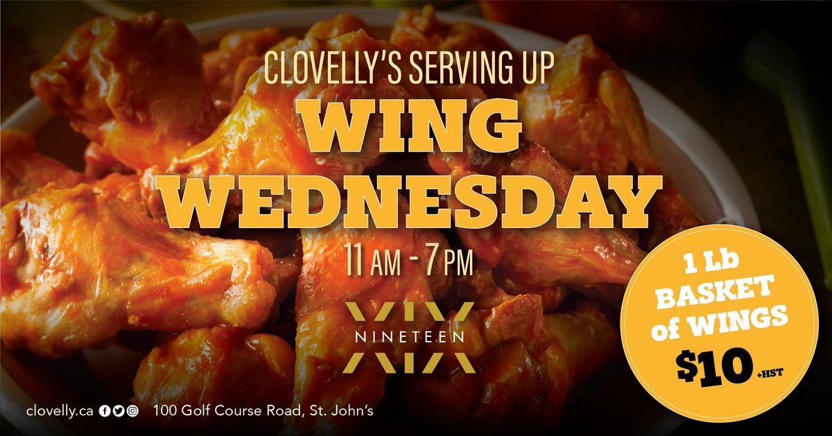 🚨Wing Wednesday!🚨

XIX is excited to announce Wing Wednesday for the rest of the season!

Kitchen hours
Wednesday-Saturday 11am-7pm
Sunday 11am-3pm

Bar hours
Daily 11am-7pm

We look forward to seeing you soon for a fulfilling dining experience 🥂

Menu:
clovelly.ca/dining/dining-…