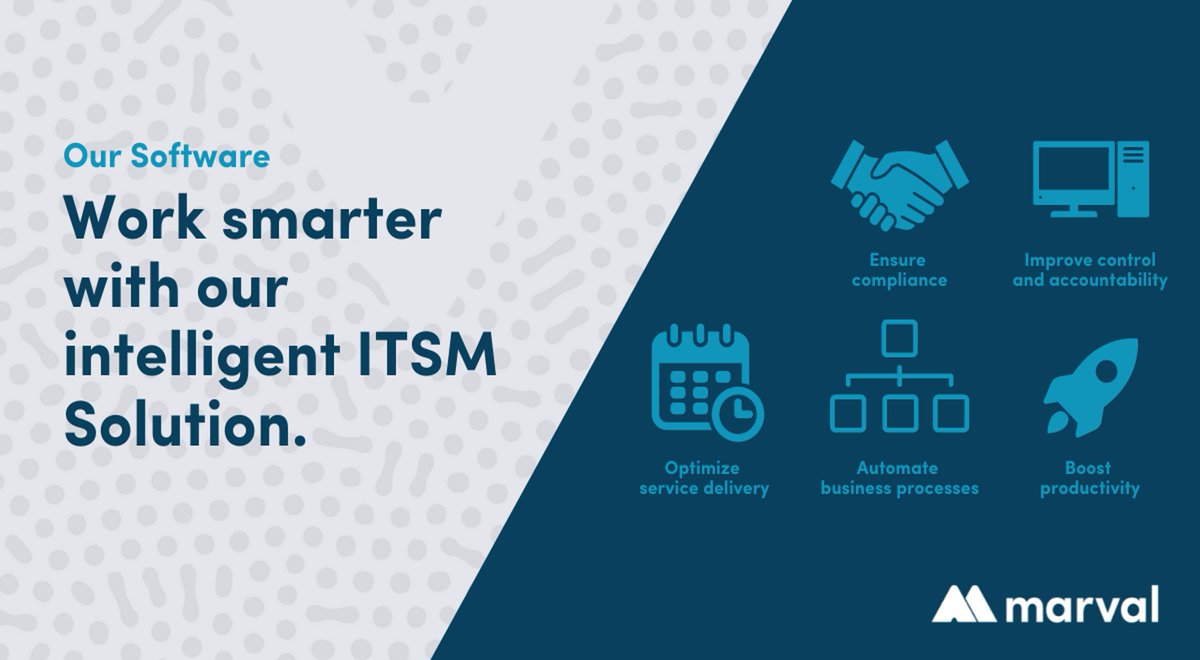 marvalna's tweet photo. Our ITSM solution combines 32 years of experience with innovations like AI, ML &amp; RPA. Allowing us to provide a host of benefits: 
- Improve control &amp; accountability
- Boost productivity
- Automate business processes
- Optimize service delivery
- Full compliance 

#ITSM #Marval https://t.co/ke6A2whPZw
