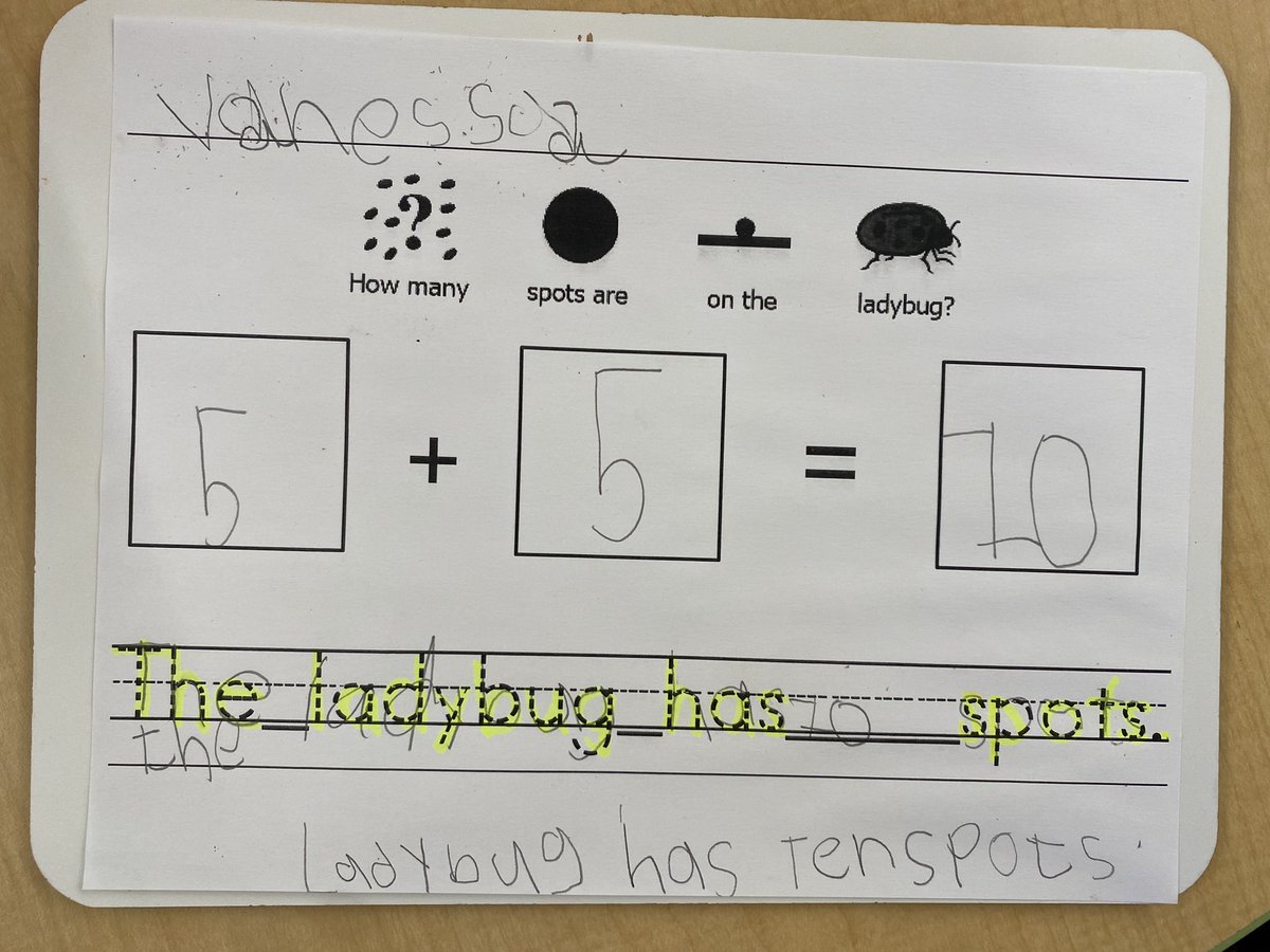 We read The Grouchy Ladybug and made our own ladybugs! Then we made number sentences with the amount of spots on each wing. 🐞