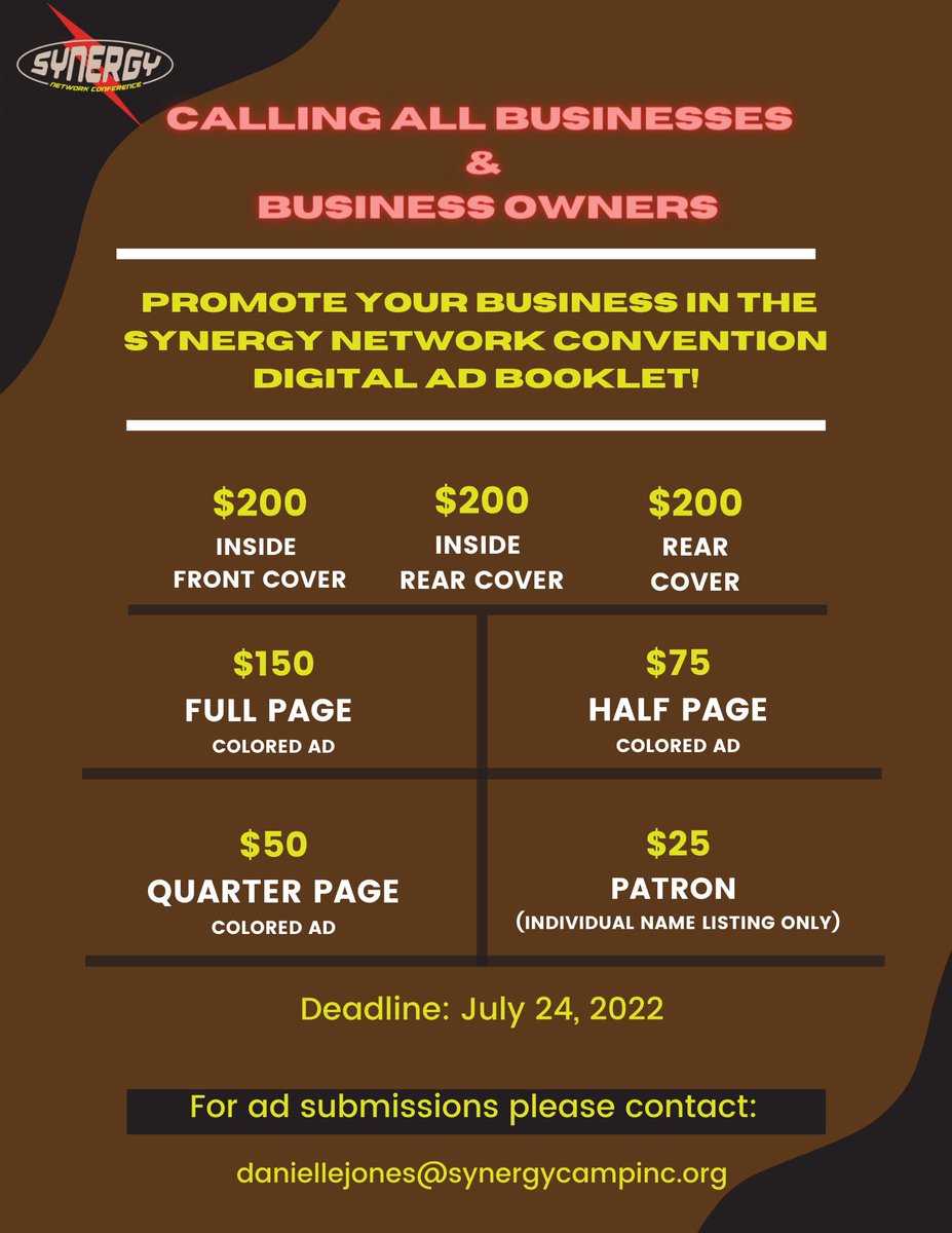 rayquasinelson's tweet photo. Twitter family, ineed your support!
We invite you to be apart of SNC by purchasing an ad for our 2022 digital ad book! Community is at the foundation of everything we do and it is our job to lift each other as we climb! Promote your business &amp; support the cause 🤲🏽@SynergyCamp_inc https://t.co/HkyjkWYMOp
