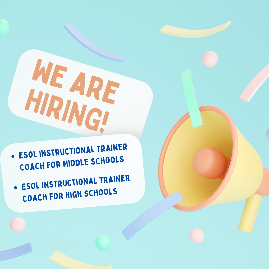 Do you want to join our team at SSPS? 
We are looking to fill the following positions:
-Instructional Trainer Coach ESOL for Middle Schools
-Instructional Trainer Coach ESOL for High Schools
 
For information and job requirements click here: pasco.tedk12.com/hire/index.aspx