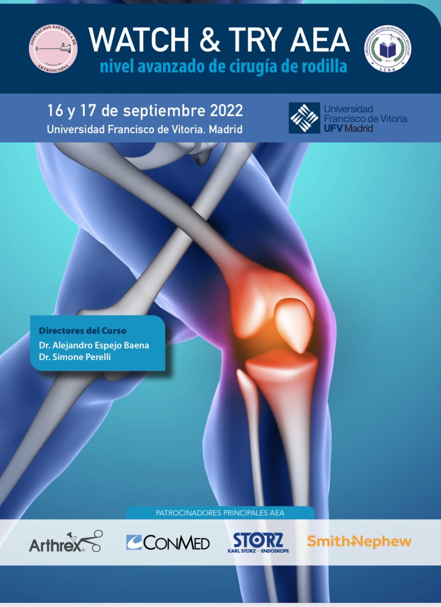 🟣NUEVO CURSO ARTROSCOPIA DE RODILLA 🟣

✅WATCH &amp;TRY AEA

▪️16 y 17 Septiembre Madrid

▪️Consulta Programa aeartroscopia.com/sites/default/…

▪️Inscripción docs.google.com/forms/d/e/1FAI…