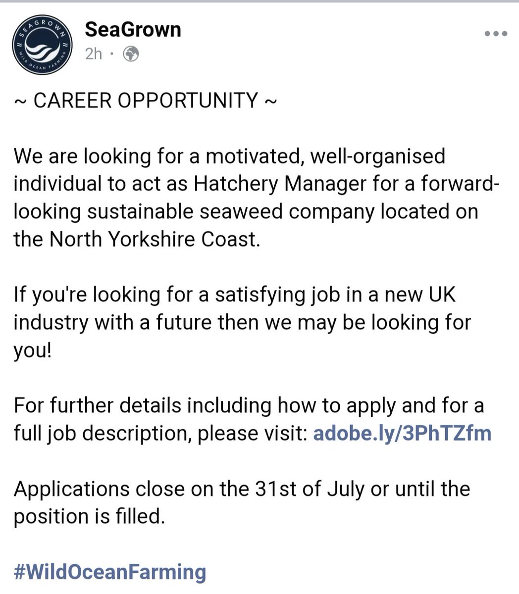 How about working for pioneers of offshore seaweed farming in the UK? Our friends @seagrown are recruiting a Seaweed Hatchery Manager. One-off specialist marine job in Yorkshire. Details below. Retweets to networks please @BD_Stew @rodney_forster @CF_Conf @Pippa_J_Moore