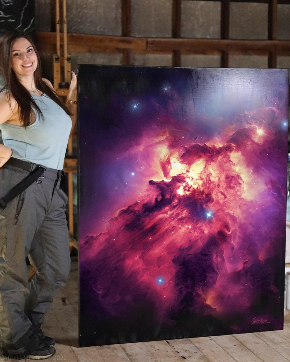 Cathrinmachin's tweet image. Hey new Twitter friends, my name is Cat & I’m a full time space artist
Here’s my drawing of the lagoon nebula (OMG I can’t wait to paint the JWST stuff 😭)