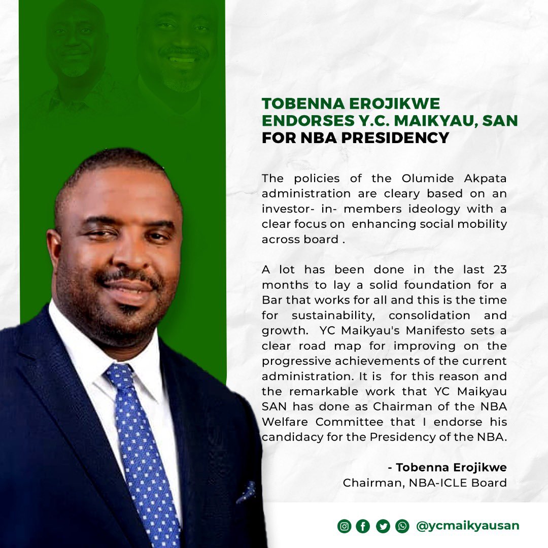 YCMaikyauSAN's tweet photo. I remain humbled by the support of my learned friend, Tobenna Erojikwe, Chairman, NBA-ICLE Board.
Thank you 🙏🏾 #BuildingADynamicBar #YCfied #NBADecides2022 https://t.co/pqyLx9Ax3c