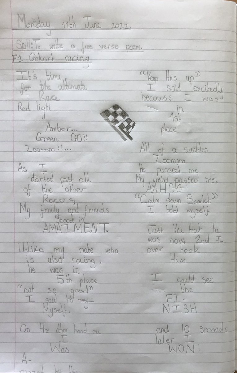 LindenRDRowan's tweet image. @LindenRDRowan #LindenEnglish #LindenReading  #CharlieChangesintoaChicken @stubbleagent 
After reading chapter 7, when Charlie goes for a perilous go-kart ride, and Michael Rosen’s GO-KART, the class wrote their own free verse poems. Fantastic work Year 4! 
@LindenRoad