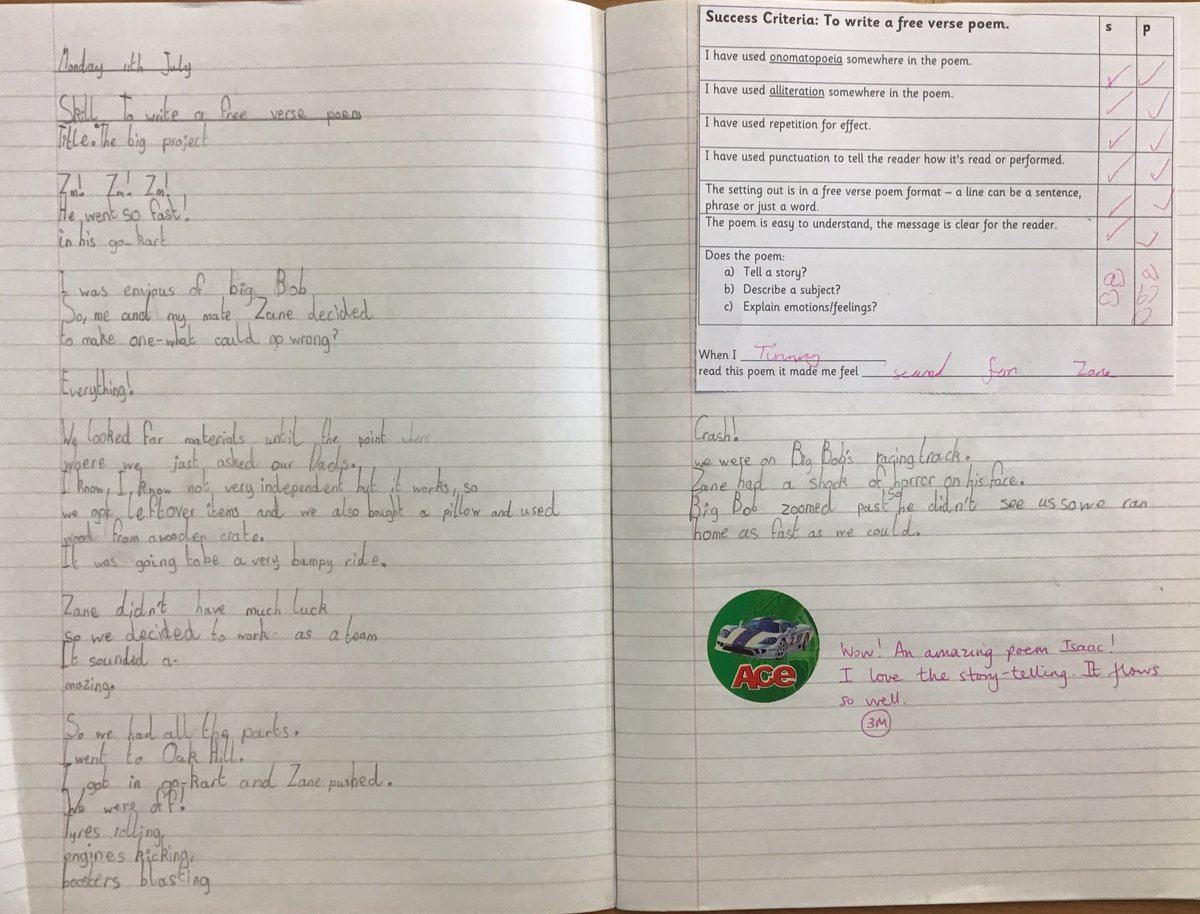 LindenRDRowan's tweet image. @LindenRDRowan #LindenEnglish #LindenReading  #CharlieChangesintoaChicken @stubbleagent 
After reading chapter 7, when Charlie goes for a perilous go-kart ride, and Michael Rosen’s GO-KART, the class wrote their own free verse poems. Fantastic work Year 4! 
@LindenRoad