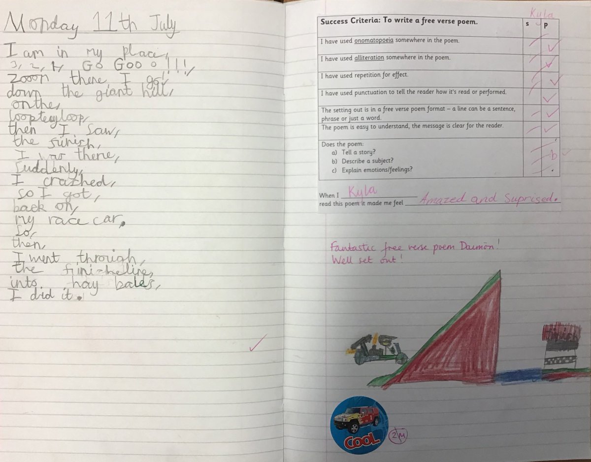 LindenRDRowan's tweet image. @LindenRDRowan #LindenEnglish #LindenReading  #CharlieChangesintoaChicken @stubbleagent 
After reading chapter 7, when Charlie goes for a perilous go-kart ride, and Michael Rosen’s GO-KART, the class wrote their own free verse poems. Fantastic work Year 4! 
@LindenRoad