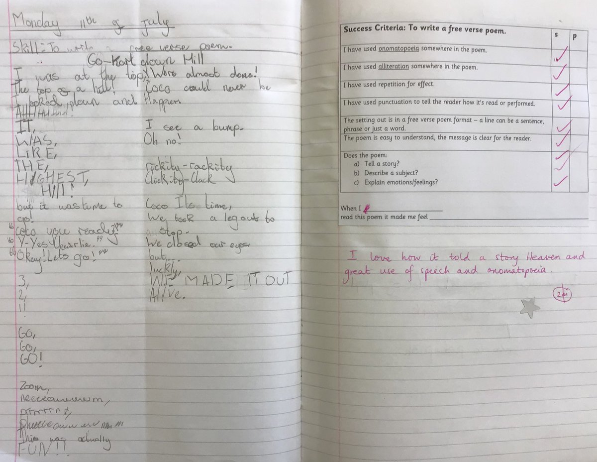 LindenRDRowan's tweet image. @LindenRDRowan #LindenEnglish #LindenReading  #CharlieChangesintoaChicken @stubbleagent 
After reading chapter 7, when Charlie goes for a perilous go-kart ride, and Michael Rosen’s GO-KART, the class wrote their own free verse poems. Fantastic work Year 4! 
@LindenRoad