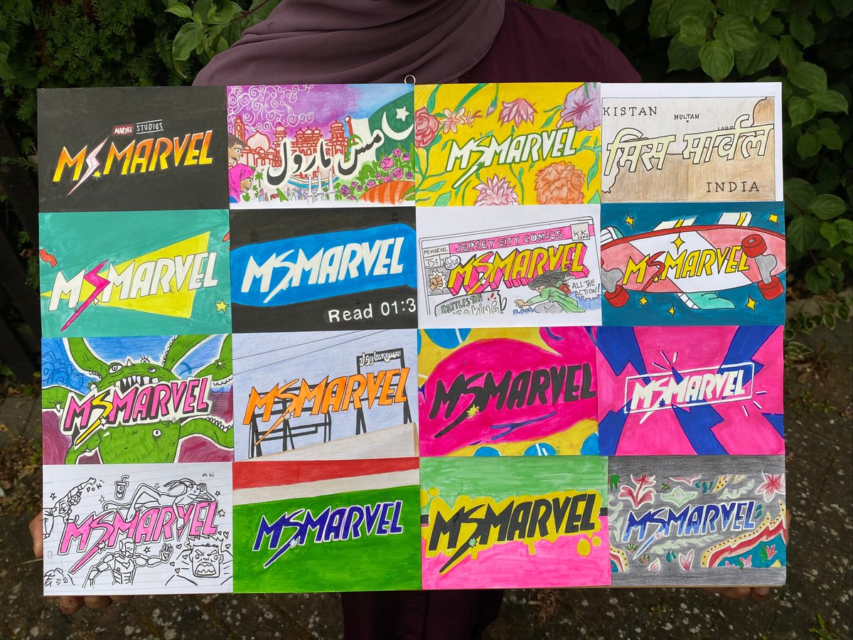 aminahjrahman's tweet photo. I've recreated the really cool title cards from the #MsMarvel show! As a huge fan of the comics and Marvel, I knew I had to do some Marvel-themed art ⚡️ https://t.co/ucnYKvAIWy