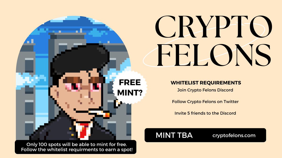 We have a total of 100 whitelist spots open. Being whitelisted for <a href="/CryptoFelonsNFT/">Crypto Felons</a> will allow you to mint for free. Join our discord and earn your spot today!

🔑discord.gg/c2pnMN8X

#nft #nftart #art #nfts #crypto #nftartist #nftcommunity #nftcollector #cryptoart #ethereum