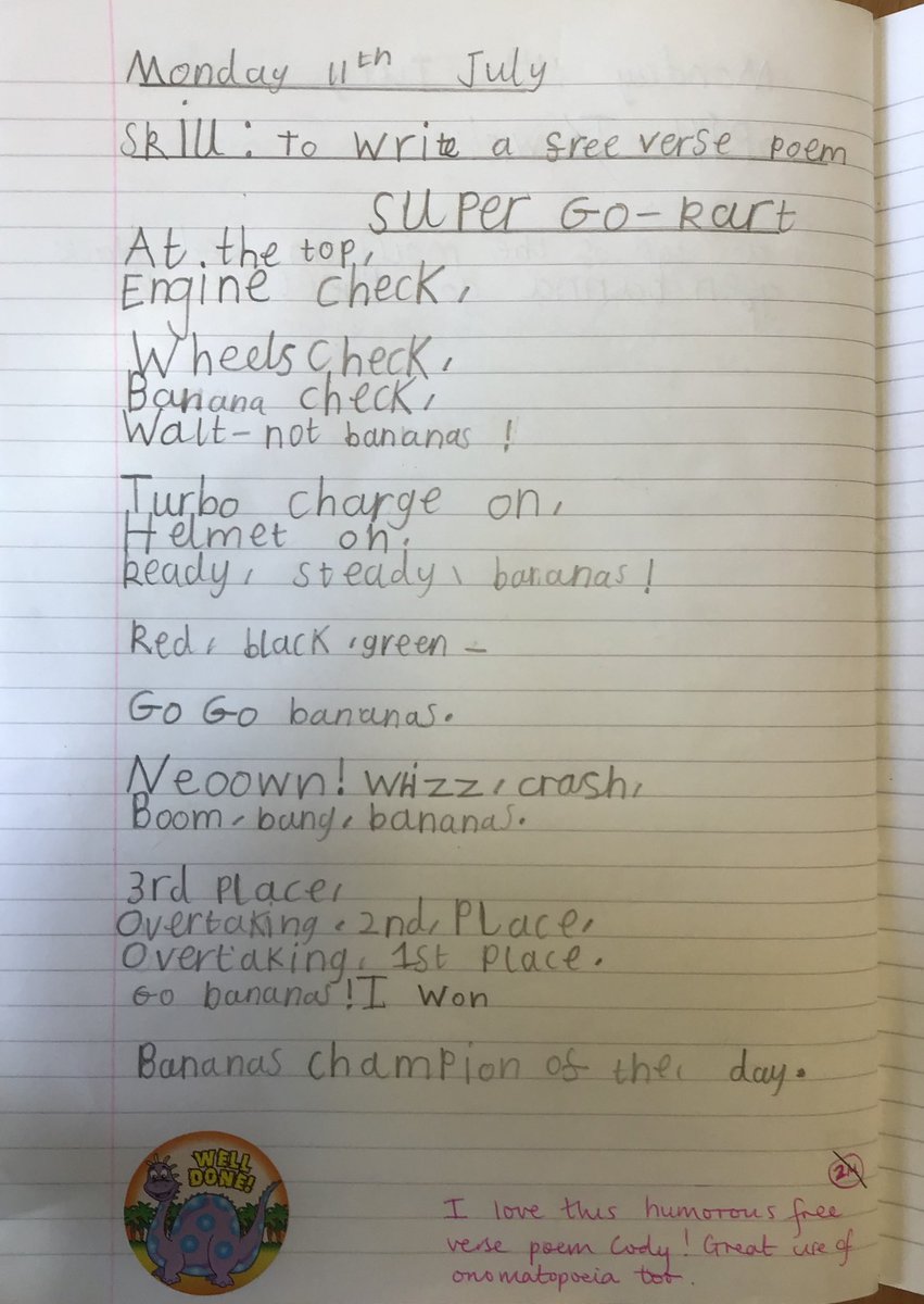 LindenRDRowan's tweet image. @LindenRDRowan #LindenEnglish #CharlieChangesintoaChicken @stubbleagent 
After reading chapter 7, when Charlie goes for a perilous go-kart ride, and Michael Rosen’s GO-KART, the class wrote their own free verse poems. Fantastic work Year 4! 
@LindenRoad @MichaelRosenYes