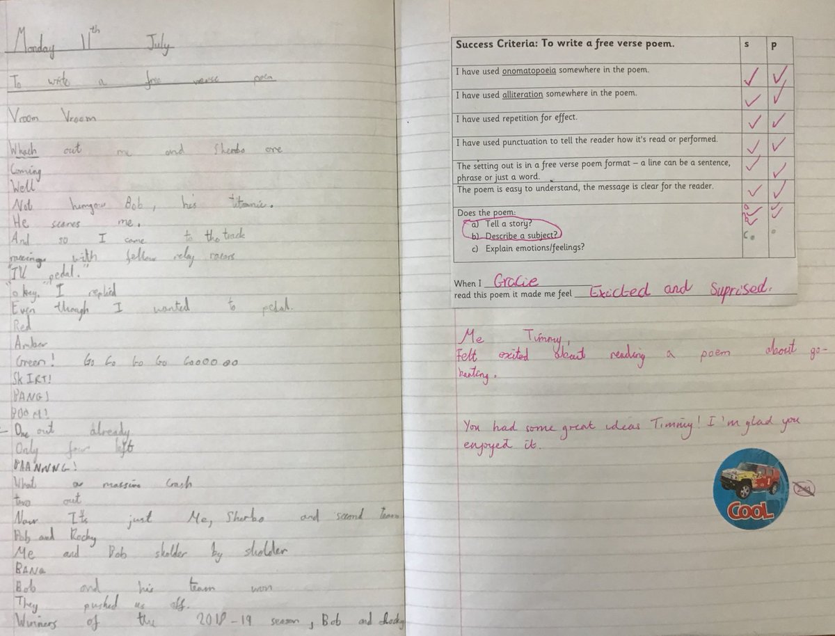LindenRDRowan's tweet image. @LindenRDRowan #LindenEnglish #CharlieChangesintoaChicken @stubbleagent 
After reading chapter 7, when Charlie goes for a perilous go-kart ride, and Michael Rosen’s GO-KART, the class wrote their own free verse poems. Fantastic work Year 4! 
@LindenRoad @MichaelRosenYes