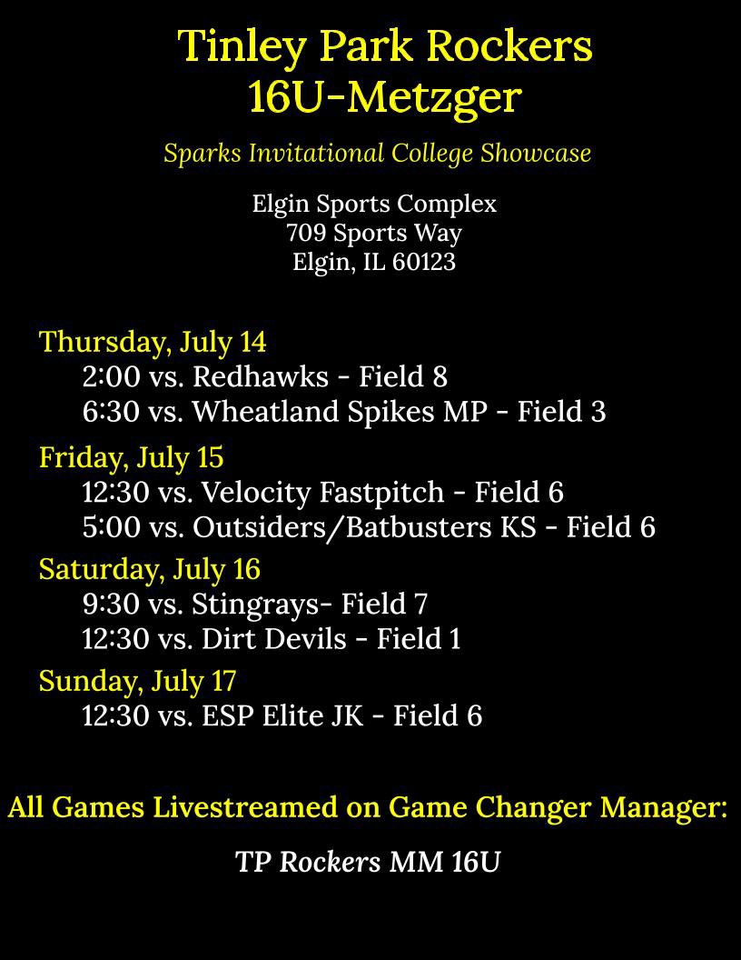 Our schedule for this weekend’s Sparks Invitational College Showcase! <a href="/Kruejo/">Jo Ann Krueger</a> <a href="/CoachBrendaVolk/">Brenda Volk</a> <a href="/RU_LakerSB/">Roosevelt University Softball</a> <a href="/UWOSoftball1/">UW-Oshkosh Softball</a> <a href="/CarthageSball/">Carthage College Softball</a> <a href="/DePauwSoftball/">DePauw Softball</a>  <a href="/smcbelles/">Saint Mary's Belles</a> <a href="/CCSJSOFTBALL/">Coach Lopez</a> <a href="/BUCSOFTBALL/">Buccaneer Softball (BCSB)</a> <a href="/ElmhurstU_SB/">Elmhurst Softball</a> <a href="/uwsp_softball/">UWSP Softball</a> <a href="/SNCSoftball/">SNC Softball</a> <a href="/TPRockersMM/">Tinley Park Rockers 16U - Metzger</a>