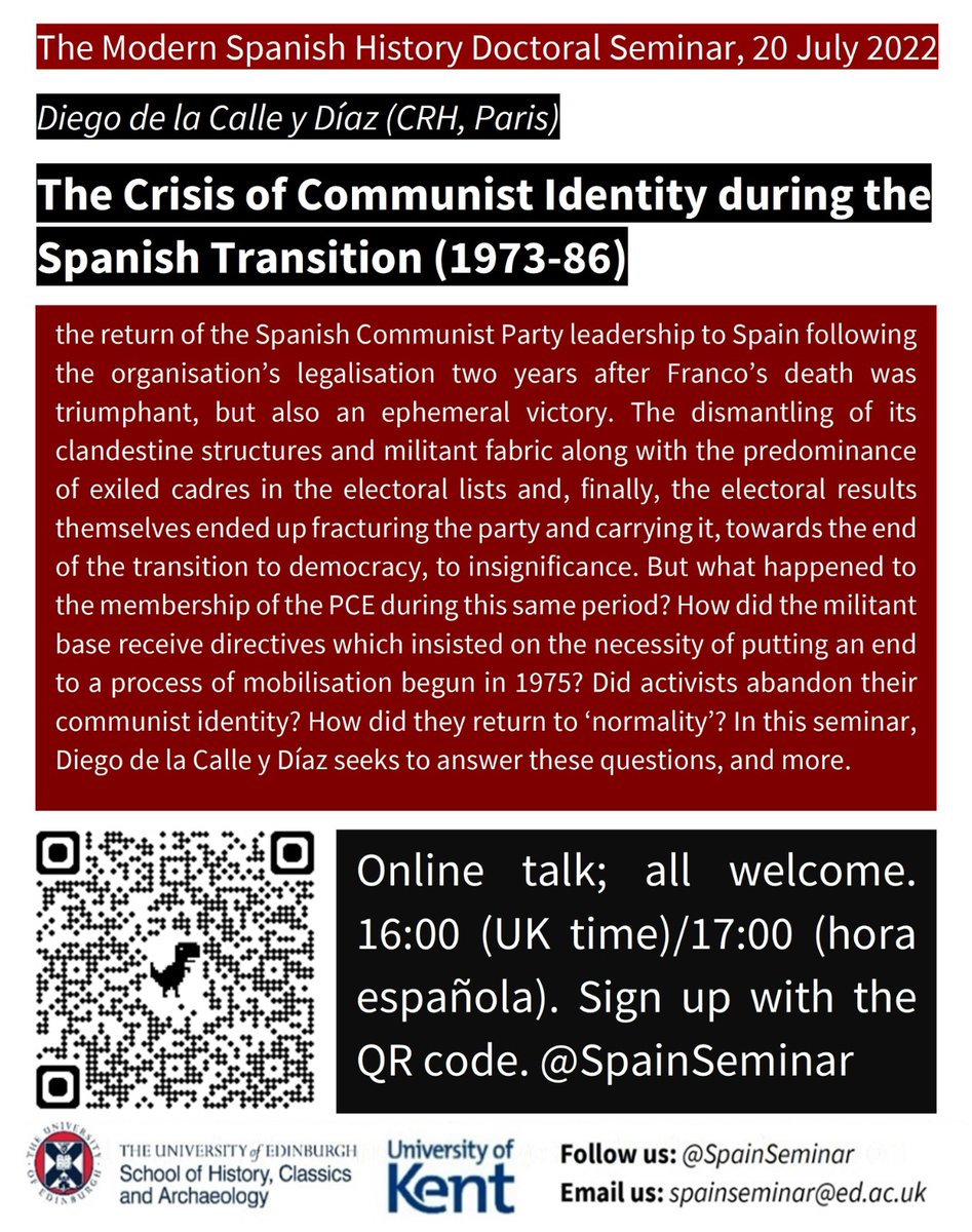 Thanks to everyone who joined us today. Next week Diego de la Calle y Díaz @DiegodlCyD will discuss the impact of the Transition to democracy on the identity of Spanish Communist Party activists. 
Register:   eventbrite.co.uk/e/modern-spani…