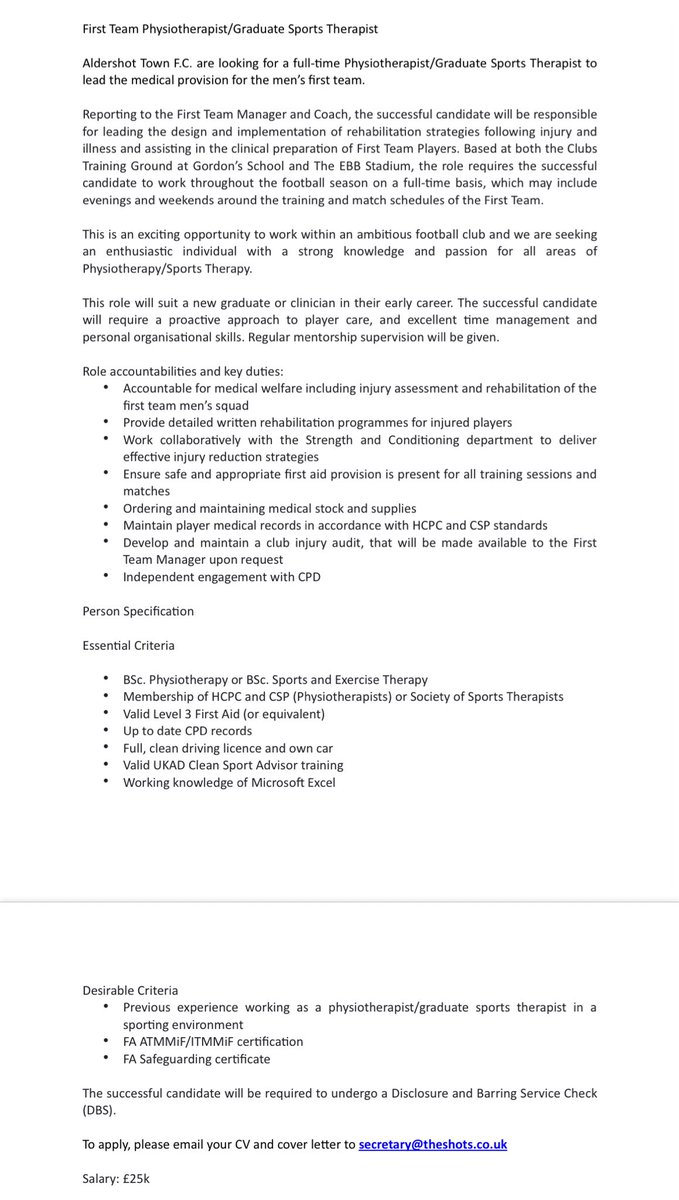 A fantastic opportunity for someone looking to manage their own medical department, or make the move into professional sport 
⚽️ : <a href="/OfficialShots/">Aldershot Town FC</a> 
💰 : 25k