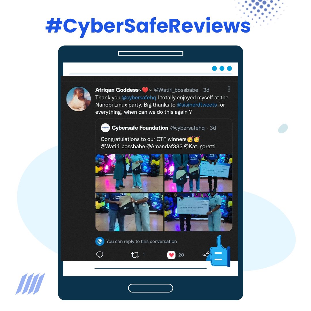 cybersafehq's tweet image. They say all work and no play...😁😁😎

We are super glad you had an amazing time Watiri. Thank you so much for turning up and making it a beautiful experience.

 So Lagos, are you ready??😎

#CyberSafeReviews #CyberGirlsLinuxParty #Nairobi #Kenya