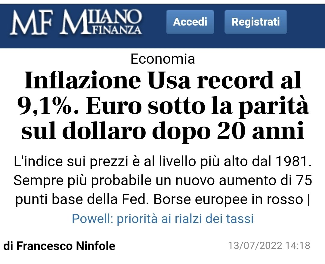 Chi scommette per un' #inflazione in doppia cifra alla fine dell'anno di qua e di là dall'oceano?

#eur #usd #inflation