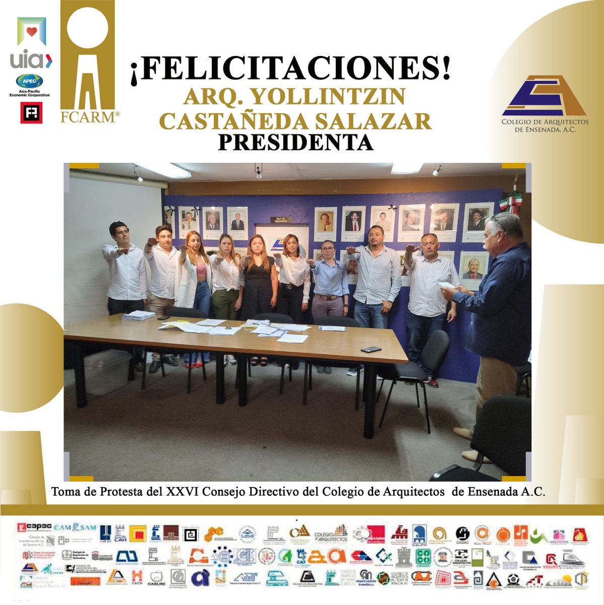 FCARMNacional's tweet photo. Los Integrantes del CEN 2021 - 2022 felicitan por su toma de protesta a:
Arq. Yollintzin Castañeda Salazar, Presidenta del XXVI Consejo Directivo del Colegio de Arquitectos de Ensenada A.C.
#SomosFCARM #Arquitectura #Ensenada #Arquitectas #ArquitectasFCARM #México https://t.co/DtmWLowgMA