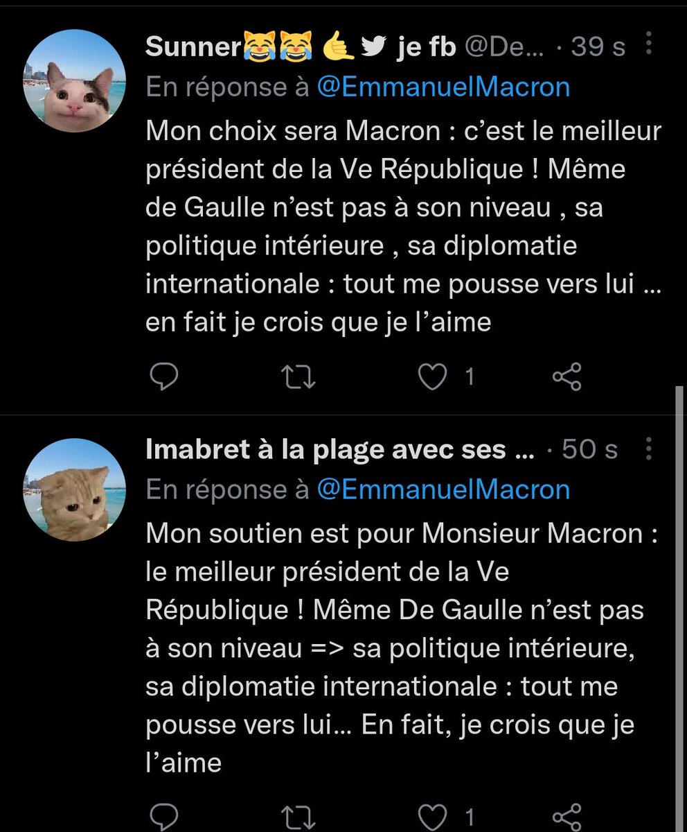 aluilda's tweet photo. @EmmanuelMacron Les bots chats sont de sortie... mais mal synchronisés.
Ça devient grotesque. https://t.co/Wq7WqaE73q