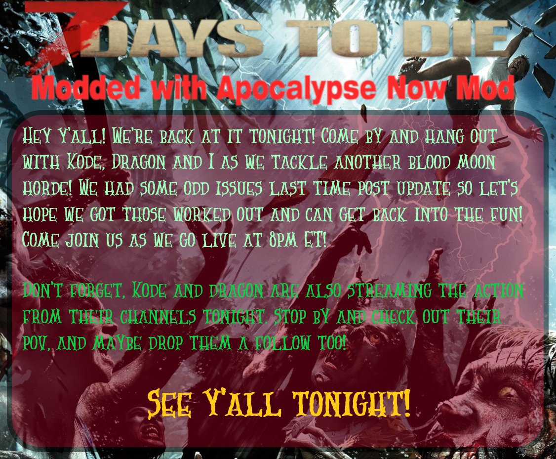 dyne322's tweet photo. #7daystodie #SmallStreamersConnect #SupportSmallStreamers 

Going live by 8pm ET! Let's go!

Twitch Integration changes -https://t.co/wmH6ZLpvHf

https://t.co/qW0PHQ10VJ (Integration here)
https://t.co/xz5RVAdez9
https://t.co/kYdyvIc07j (Kode)

@OwlRetweets 
@OwlShare https://t.co/KLkojZ3eYK