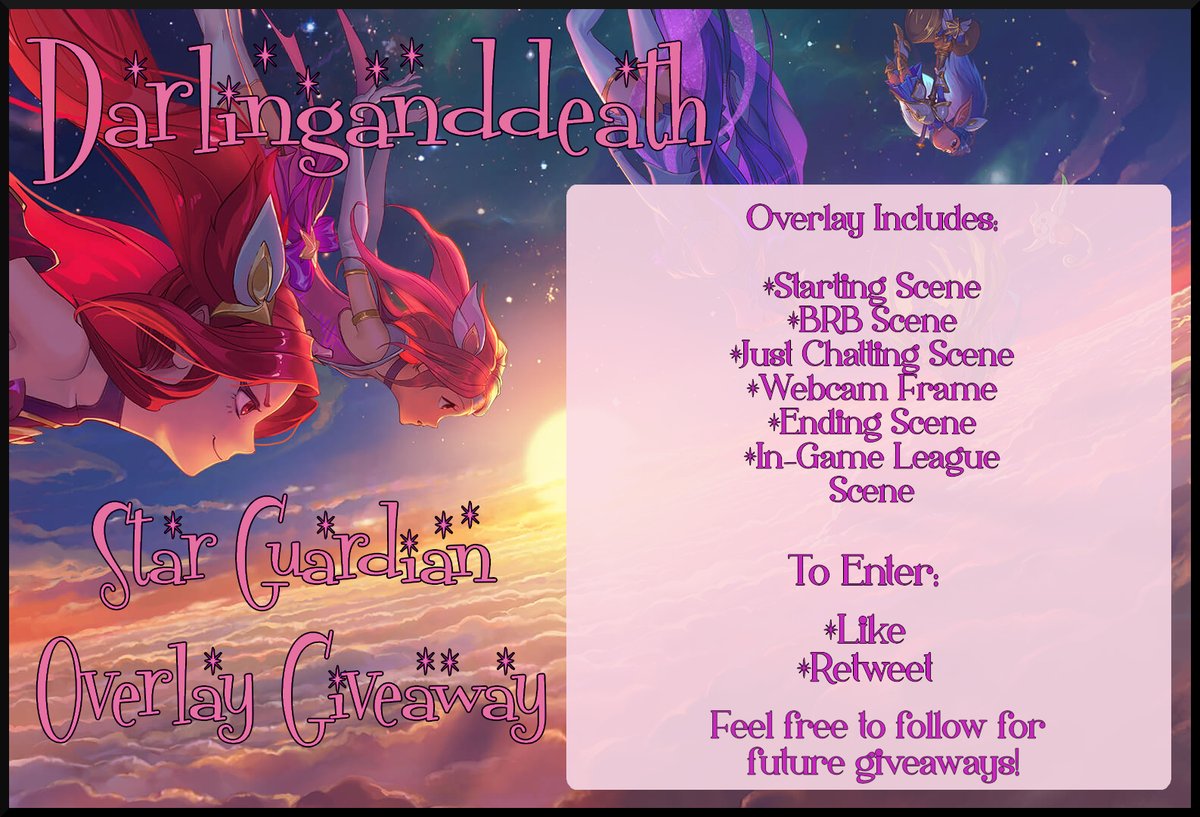 tpf_darling's tweet photo. 🌟In celebration of the #LeagueOfLegends  #starguardian2022 event starting tomorrow I'm giving away a complete overlay kit for the Star Guardian Skin/Champion of the winners choice 💖

Who would you choose?🤔

To Enter:
🌟Like
🌟Retweet

Winner picked on Friday, 15th at 11:59 PM https://t.co/ri5uJVFDvd