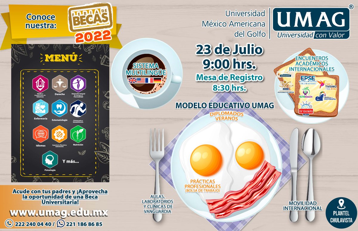 📢¡Save the date!👉🏼👉🏼23 JULIO, 9:00 Hrs.🎊"DESAYUNO - FERIA DE BECAS UMAG 2022🎊” Sin costo alguno🆓
📱Para asistir regístrate aquí:👨‍💻🧑🏻‍💻🔽🔽🔽🔽🔽🔽 forms.gle/KtBgoJY66o1TVz…

🥇. Conoce instalaciones, clínicas, laboratorios, planteles, ¡vivirás una experiencia única!🍛☕🏫🎊