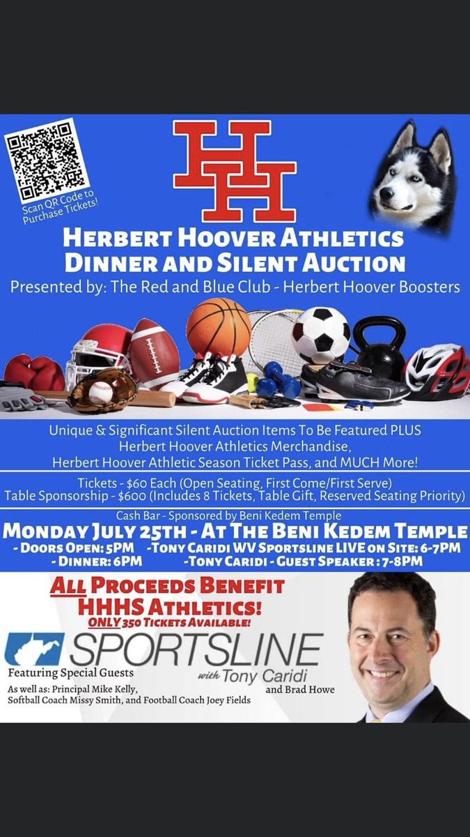 HHHS_Sports's tweet photo. Get your tickets now and spend an evening with Tony Caridi “Voice of the Mountaineers”. Visit our website below for more info, purchase tickets, and see a list of our awesome silent auction items. See ya Monday July 25th!!    Get info here https://t.co/aaiccWBxj5  @CassidyWoodTV https://t.co/h9OIVXTXRg