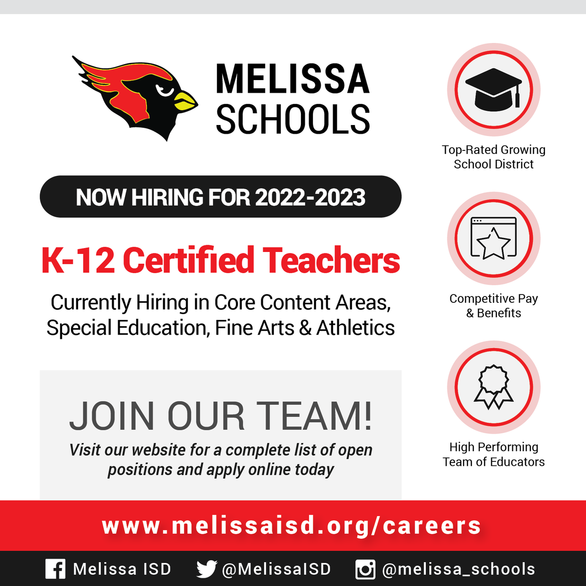 Melissa ISD is hiring in K-12 core content areas, special education, fine arts, and athletics. Join a high performing team of educators in a top-rated growing North Texas school district offering competitive pay and benefits! Apply today: melissaisd.org/careers. #MelissaSchools