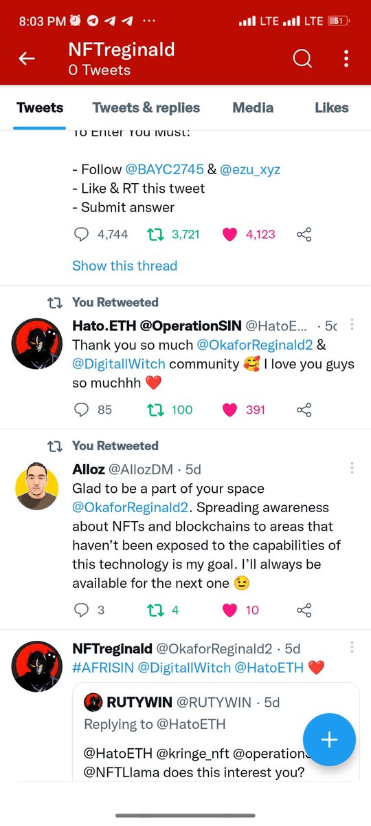 ginald01's tweet photo. A compilation of my past missions for the @operationSIN . The high point is being followed by @HatoETH after holding the largest space of 618 participants discussing NFT Adoption in Nigerians with @DigitallWitch
#SINRewind @Jacktavo @NFTCheetah @NFTLlama @casualties https://t.co/tm1ZF3VpfW