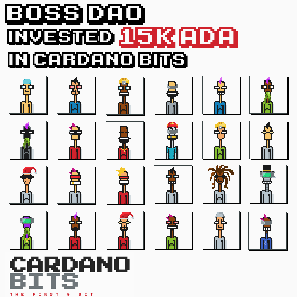 Boss DAO 🏛️ (@thebossdao) on Twitter photo We strongly believe in Cardano Bits as they are the first original 10K art project on Cardano.
Boss DAO has therefore invested 15K Ada in <a href="/CardanoBits/">CardanoBits 👾</a> #CNFTCommunity #CNFT We strongly believe in Cardano Bits as they are the first original 10K art project on Cardano.
Boss DAO has therefore invested 15K Ada in <a href="/CardanoBits/">CardanoBits 👾</a> #CNFTCommunity #CNFT