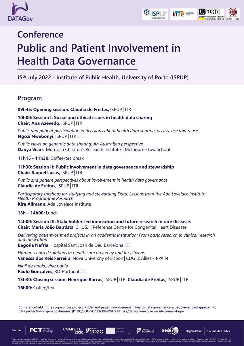 So pleased to announce our #DATAGovproject conference on public involvement in health #datagovernance” @ISPUP with wonderful @NgoziPaschaline @DanyaVears @KiraAllmann @BegonyaNafria @worldCDG @raras_pt Hope to see you there! @c6defreitas