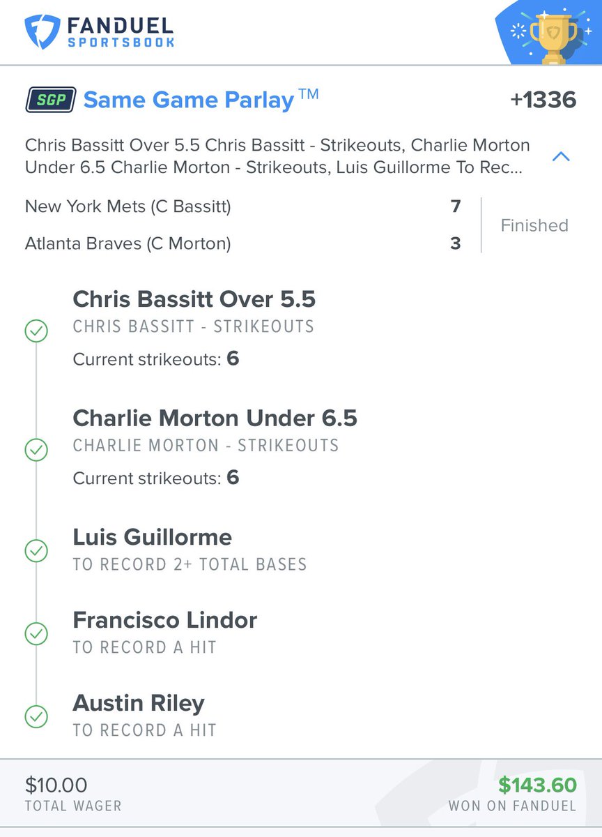 ParlayBetsKing's tweet photo. We almost hit them both, but we will definitely take the W for this parlay 💰 ✅ #MLB #sportsbettingpicks #fanduel https://t.co/jIa47KoBFd