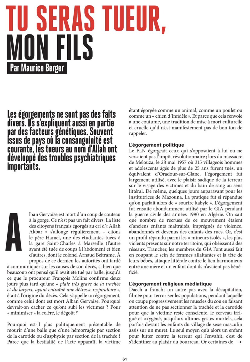 DamienRieu's tweet photo. Merci à @Causeur d’aborder la question  tabou des égorgeurs islamistes qui tuent régulièrement des Français. Extrait avec l’analyse du toujours excellent Maurice Berger sur les causes de ce mal. https://t.co/SGglERbD7W
