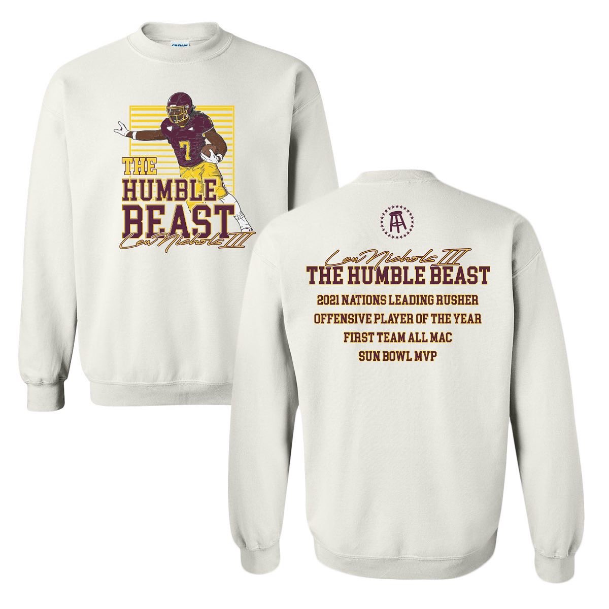 CMUBarstool's tweet photo. LEW NICHOLS X @CMUBarstool is finally here! Head to the link in our bio to cop the merch of the nation’s leading rusher and top running back in the country🔥👆 https://t.co/t2mcXfimAK