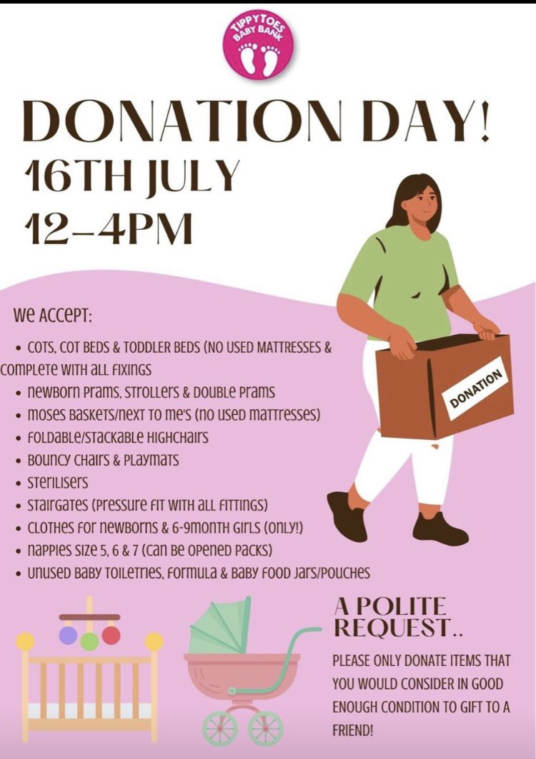 Please please support us and donate your pre loved baby equipment! We have so many families needing items, babies sleeping in floors, families stuck at home as no pram, and making choices whether to buy formula or nappies .