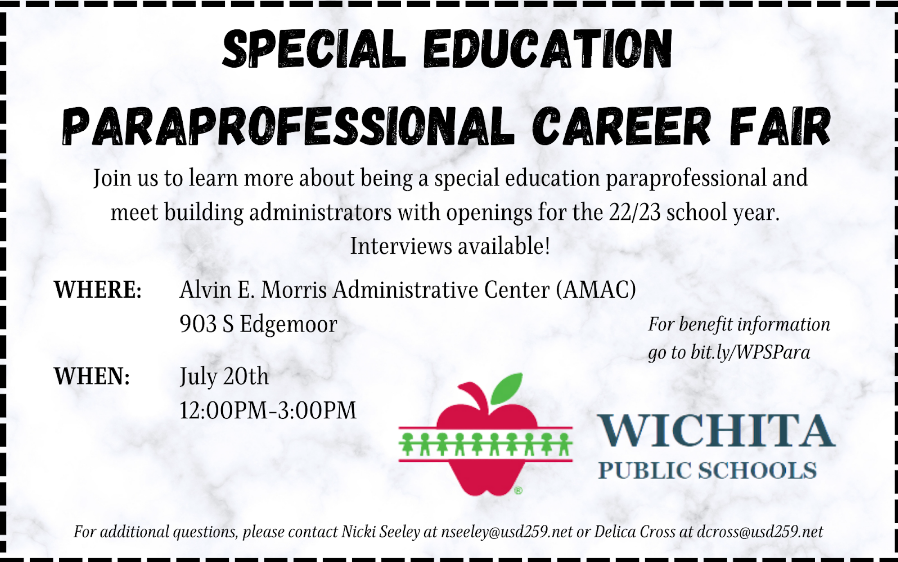 vevans1's tweet photo. Did you know @WichitaUSD259's base hourly rate for special education paras is $14.59 per hour AND you could be eligible for FREE family medical, dental, &amp; vision benefits? Join us on July 20th to learn more about how you can join our team and help our amazing students!  #WPSProud https://t.co/1OhuaX1r8h
