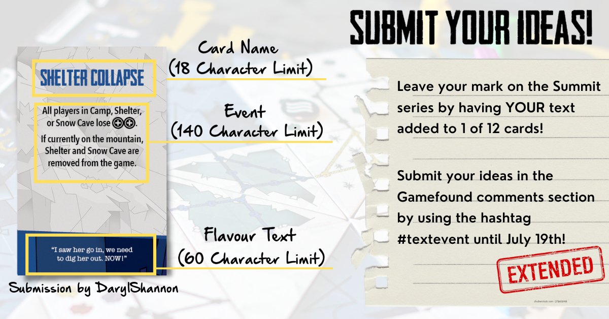 Insideupgames's tweet photo. We've extended the deadline for our #textevent on Gamefound! Submit your ideas for card names and flavour text before the campaign comes to a close. ๐ Check out this great idea from a backer, "Shelter Collapse"!
Thanks to the 700+ backers so far!
https://t.co/QDa1ieFED7 https://t.co/2krHCa63UC