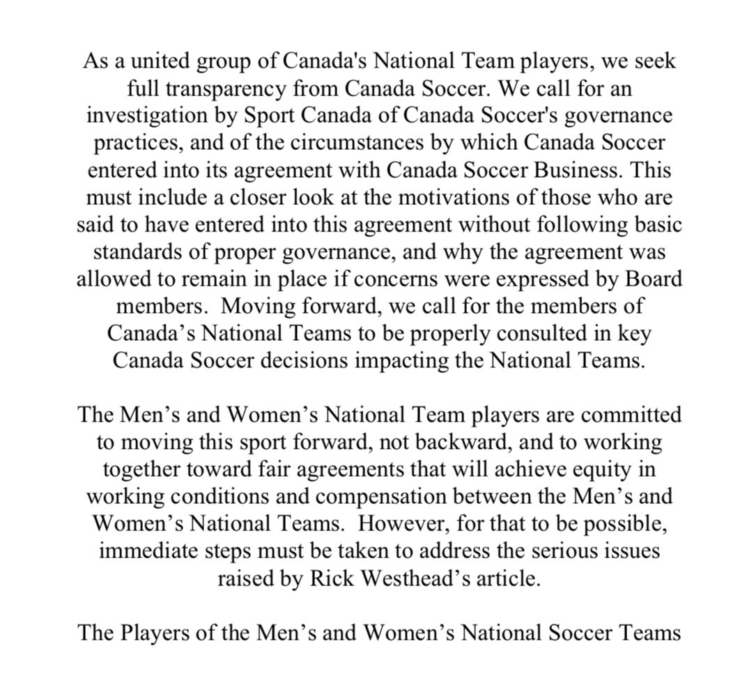 A statement from the Women’s and Men’s national teams.