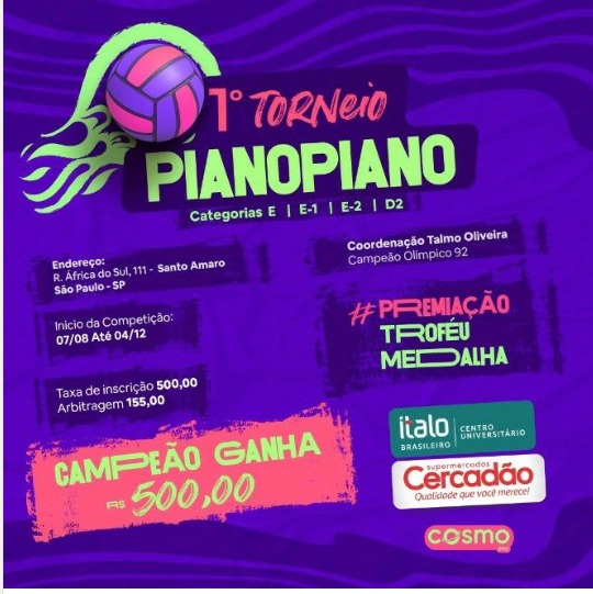 Inscrições abertas para o Primeiro Torneio PIANOPIANO em São Paulo.
 plataforma.sporti.com.br/app#

#pianopiano #italo #uesportes #voleibol #voleimaster #mastervolei #cbv #fpvolei