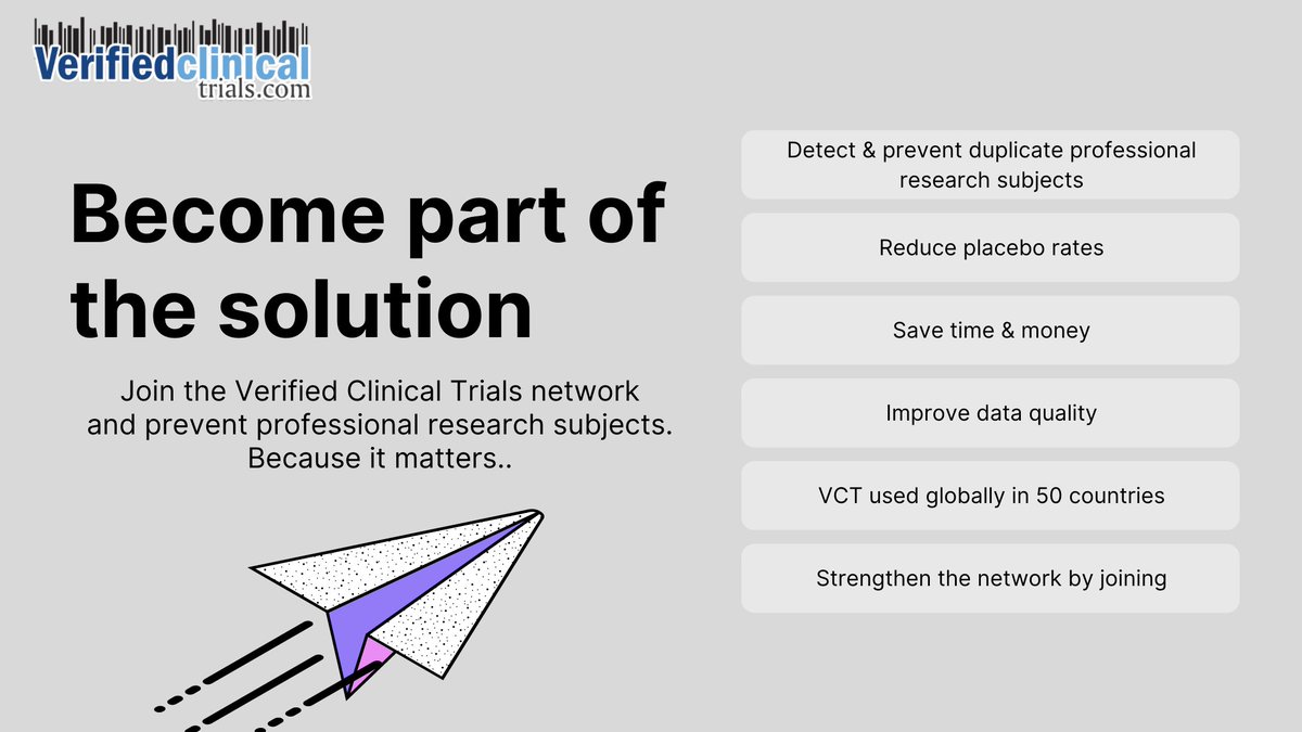 VerifiedTrials's tweet photo. Learn about how duplicate subjects or professional subjects can affect your placebo rates and the outcome of your clinical trial.  Verified Clinical Trials will practively detect and prevent these issues. Book a meeting to elarn more at https://t.co/cBCmkSnRim https://t.co/qkOOoy27ik