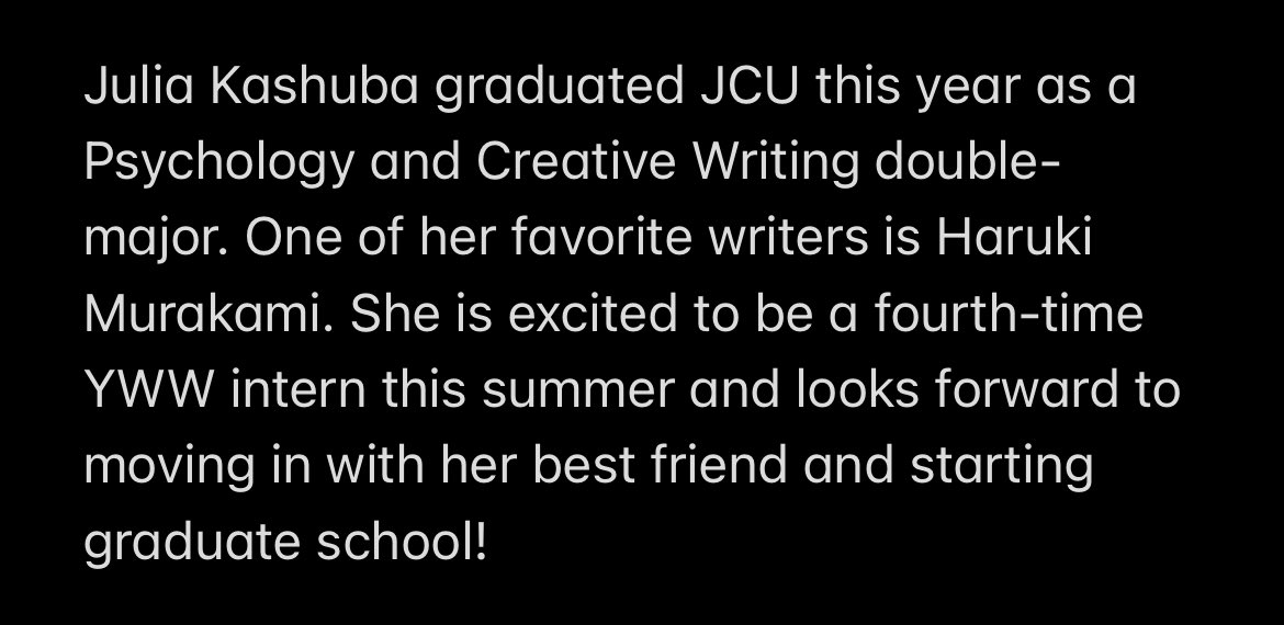 JCUYoungWriters's tweet photo. Counting down the days! Let’s meet our next intern: Julia! 👩🏼‍🎓 https://t.co/Dzsx8OPZBU