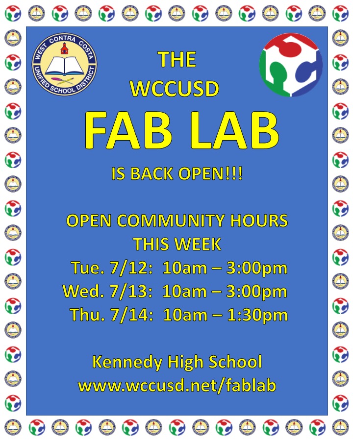 WCCUSD's tweet image. The FabLab is back open! Open to the students, staff, and community. Come and make something! 🎊 @wccusdfablab

For more information, visit wccusd.net/fablab