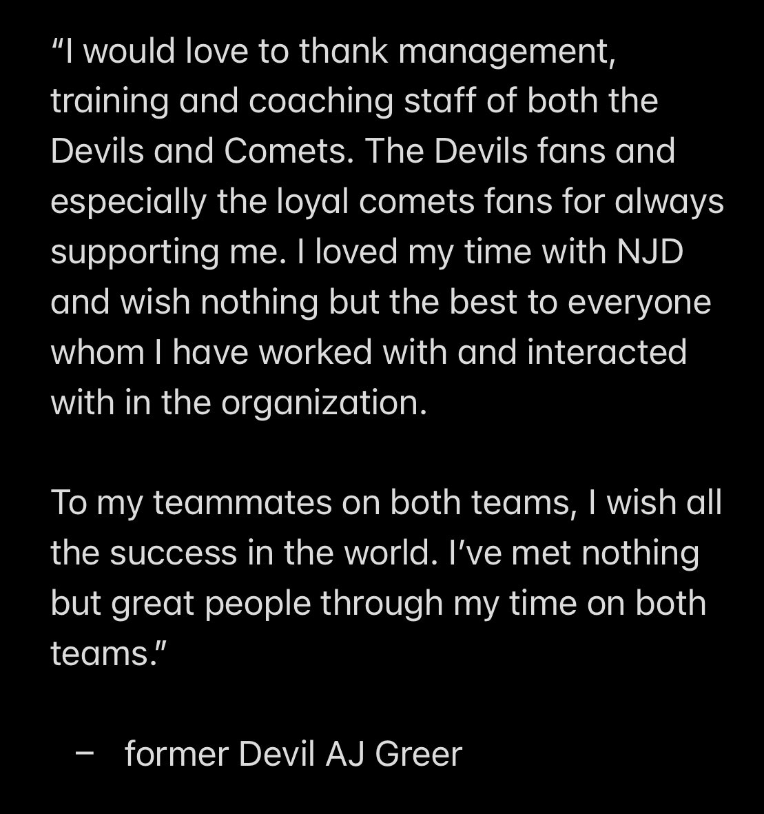 Former Devil AJ Greer released the following statement to me, thanking #NJDevils fans. He signed with the Boston Bruins today.