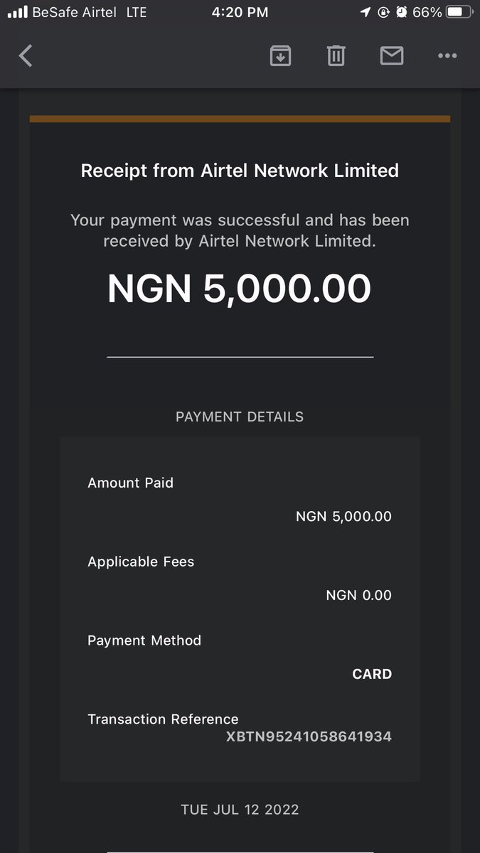 Darmilolah's tweet photo. @flwsuppport I made a payment for my airtel mifi subscription through flutterwave yesterday 12/07/2022. Till now, payment have not reflect on my airtel number. Please find attached receipt of the transaction. https://t.co/oeKOA0ctCr