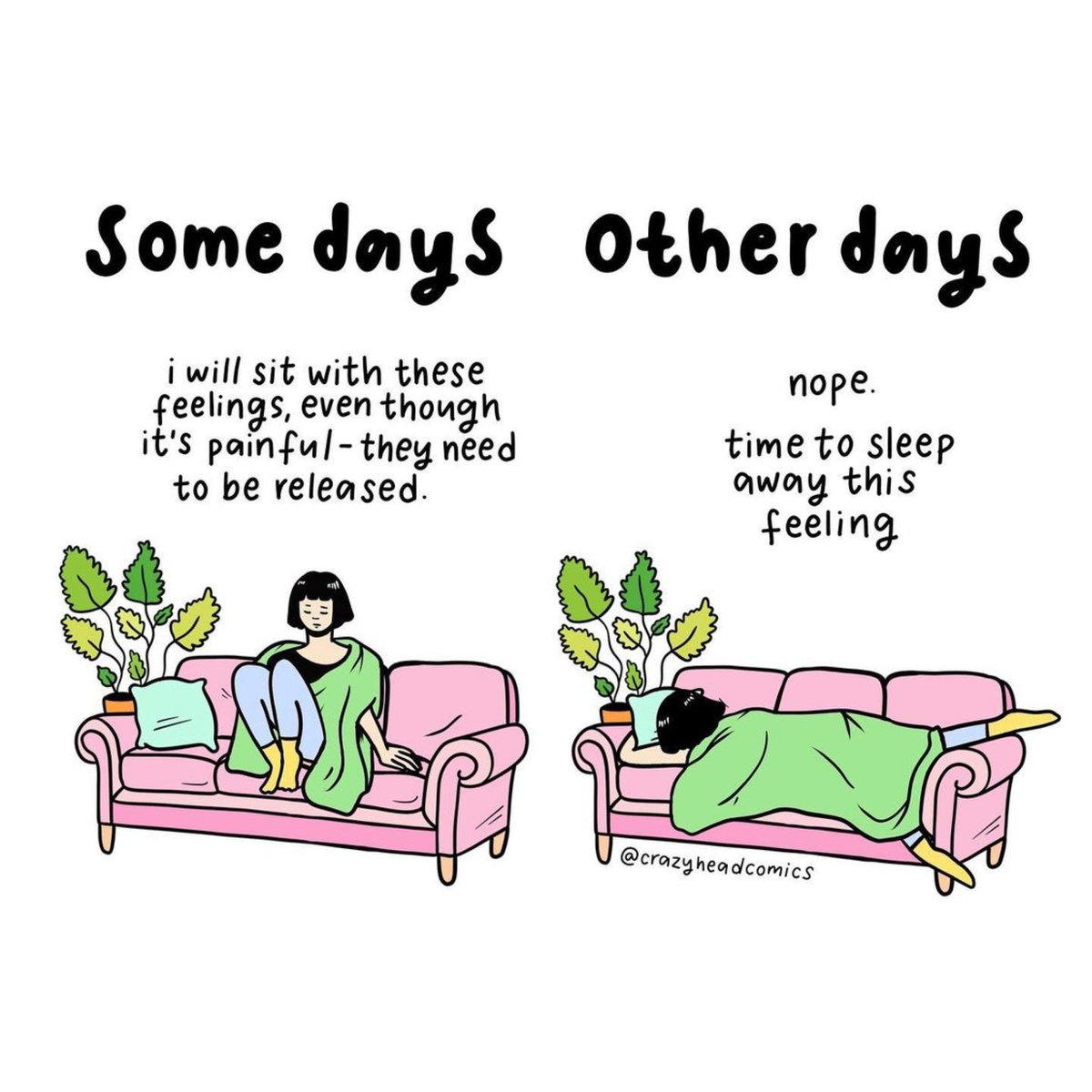 On the days you don’t have the energy to do emotional work, give yourself some grace!! No reason to feel bad for sleeping away a bad day because your body is telling you you need a rest. ❤️ <a href="/crazyheadcomics/">matilda</a>