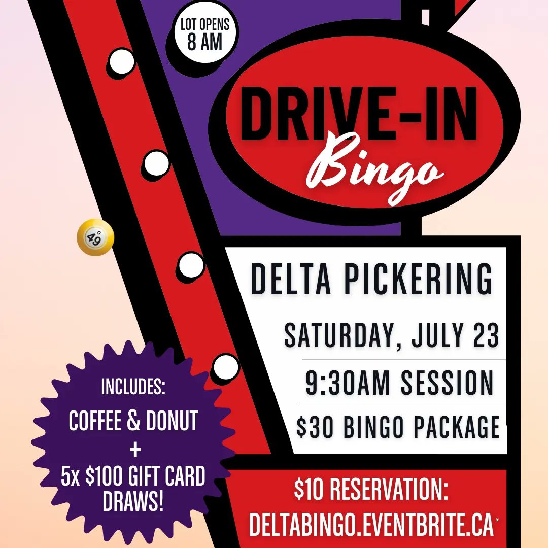 RotaryPickering's tweet image. Drive-In Bingo returns to Delta Pickering on Saturday, July 23rd! Come on out for a morning of fun, games and a chance to win cash prizes. Secure your parking spot NOW: eventbrite.ca/e/371516103667