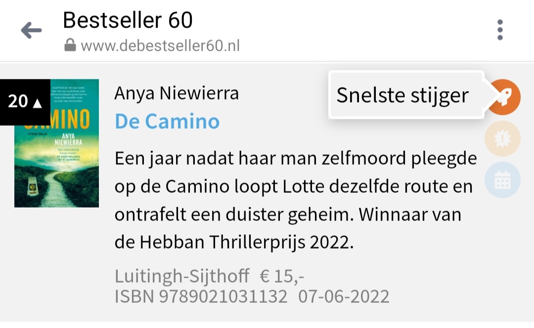 Joehoe! Mijn prijswinnende spannende #roman 'De #Camino' is deze week de snelste stijger in de #Bestseller Top 60! DANK lezers! En DANK team @lsamsterdam #Limburg #lezenisleuk #schrijven #thriller #boekhandel @cpnb